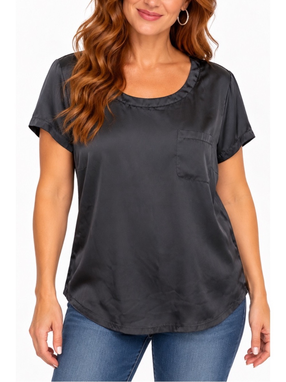 Worthington black satin top with a smooth, subtle sheen, size Large